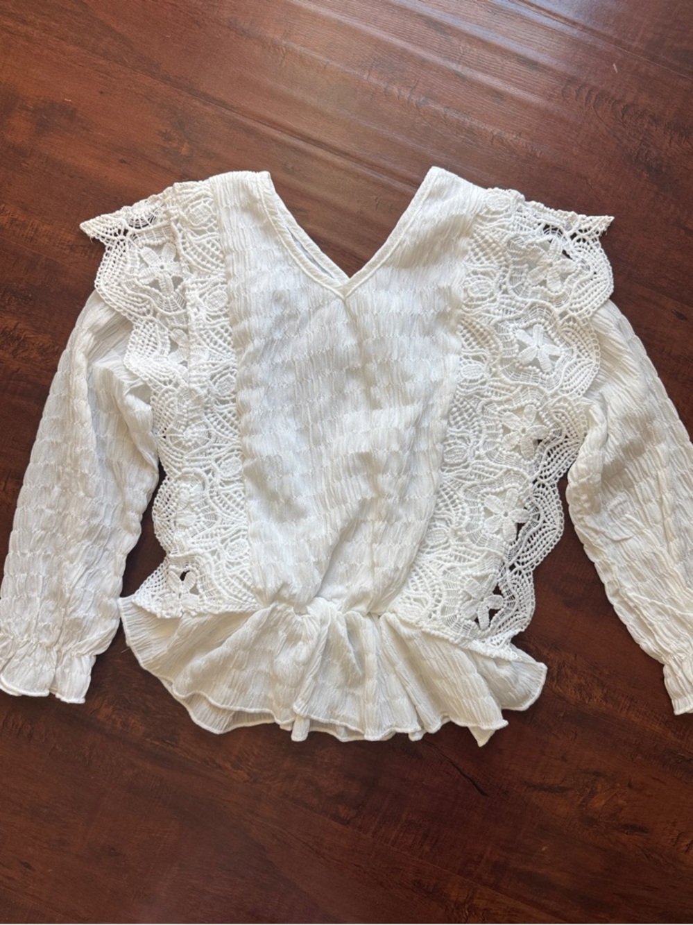 SHEIN kids girls White Lace-Trim V-Neck Blouse
